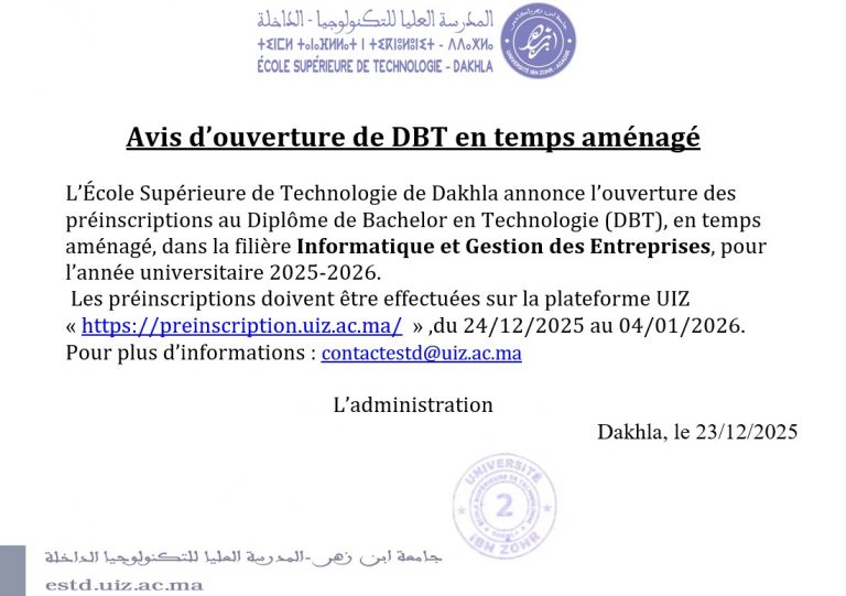 Avis d’Ouverture de DBT en Temps Aménagé