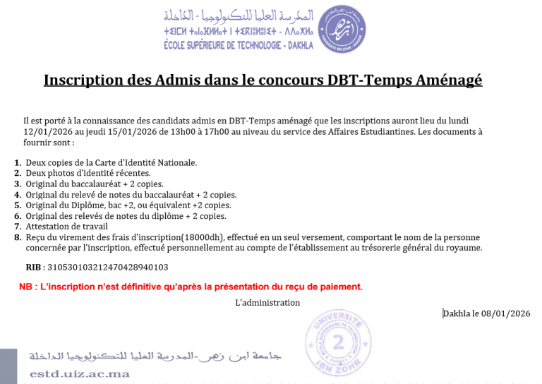 Liste des étudiants retenus au Diplôme de Bachelor de Technologie « Informatique et Gestion des Entreprises » Temps Aménagé