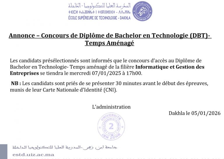 Avis aux candidats convoqués pour passer le concours du DBT « Informatique et Gestion des Entreprises » Temps Aménagé